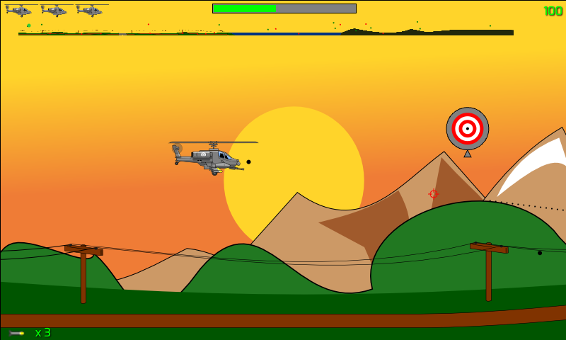 Helicopter over hills at sunset with a radar strip and health bar