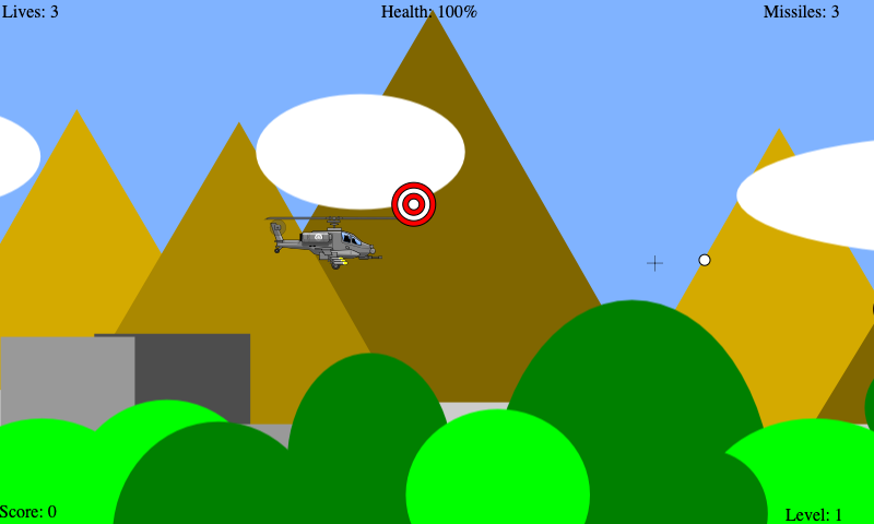 Attack helicopter flying past mountains toward a target