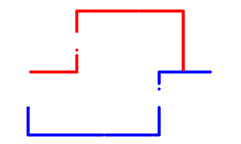 Red and blue light-cycle trails boxing each other in