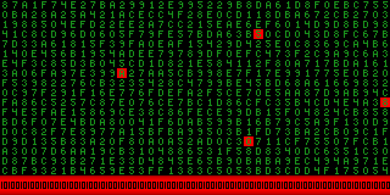 Green hex-code grid with highlighted keys to mash